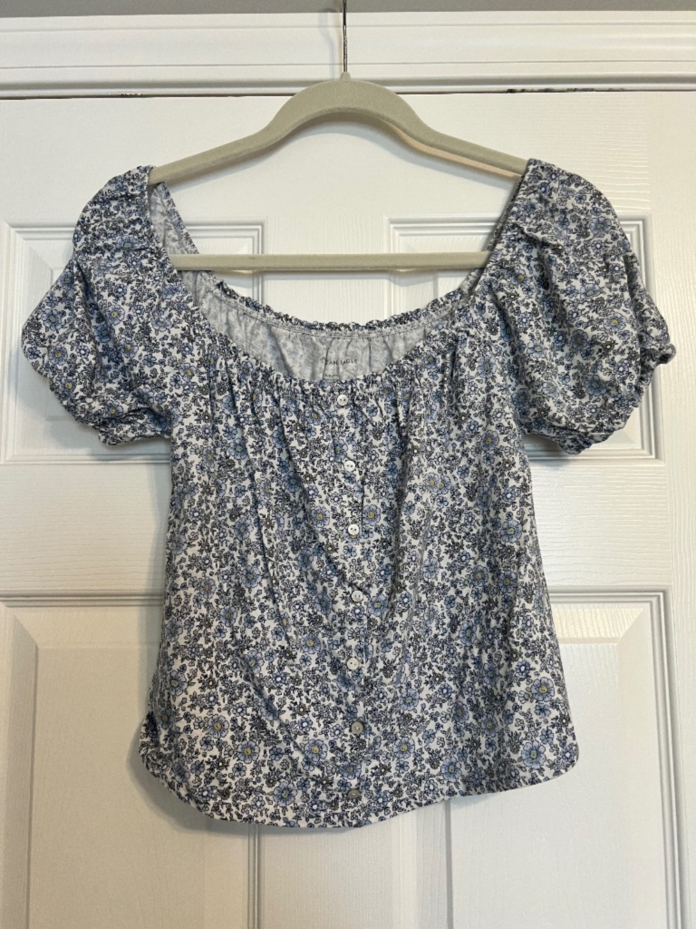 American Eagle Blouse Womens S Blue White Floral Print Puff Sleeve Square Neck